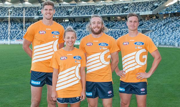 2018_12_07_JustThink_HERO.jpg Just Think ambassadors Zac Smith, Renee Garing, Cam Guthrie and Mitch Duncan. - Geelong Cats